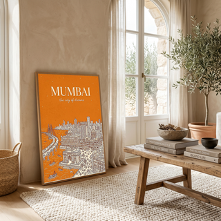 Mumbai Line Art Print — Saffron Gateway of India Marine Drive Skyline Wall Art