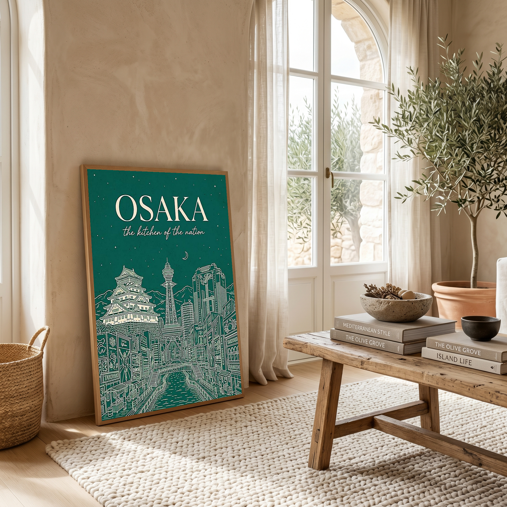 Osaka Line Art Print — Forest Green Osaka Castle Tsutenkaku Dotonbori Wall Art