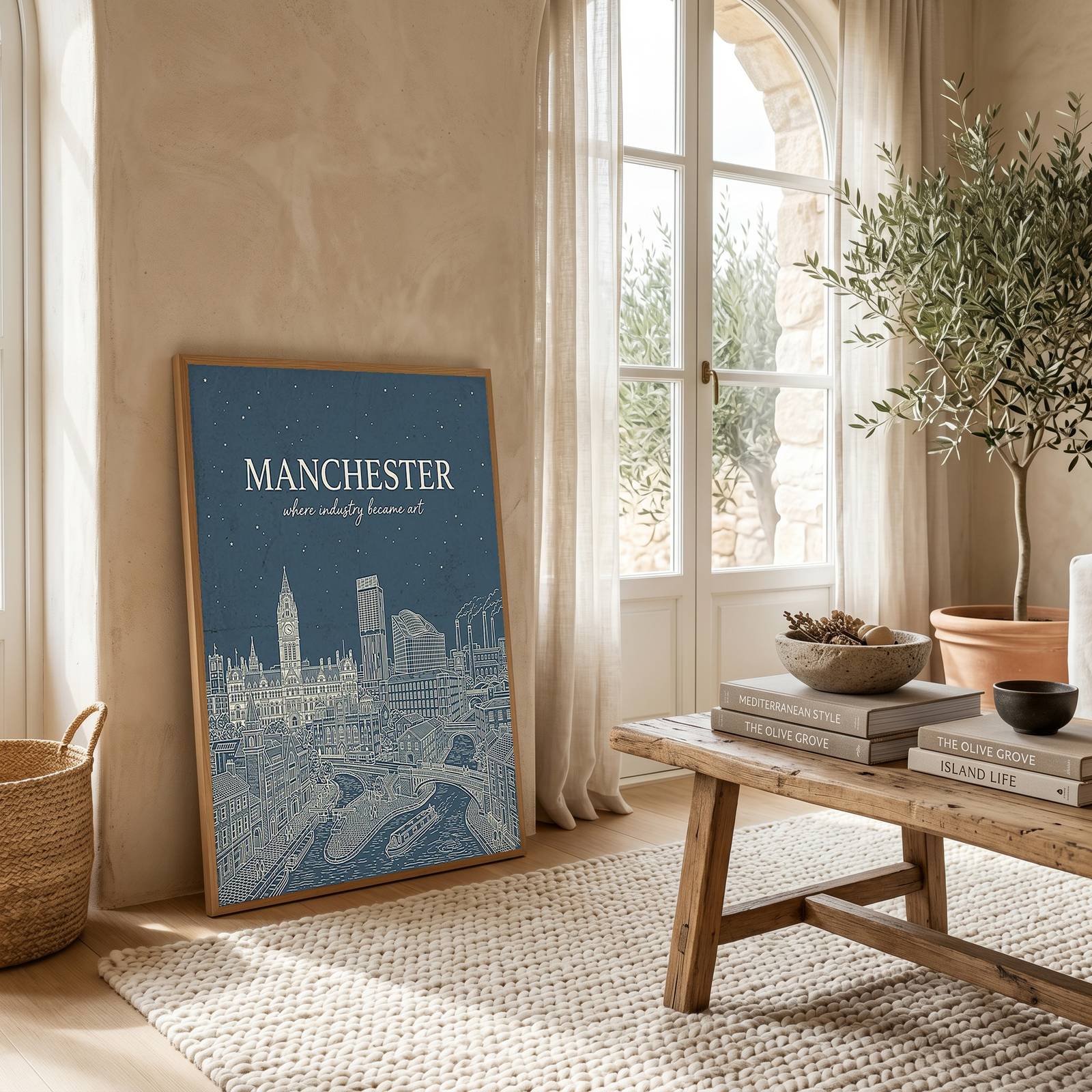 Manchester Line Art Print — Slate Blue Town Hall Industrial Skyline Wall Art