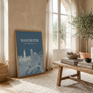 Manchester Line Art Print — Slate Blue Town Hall Industrial Skyline Wall Art