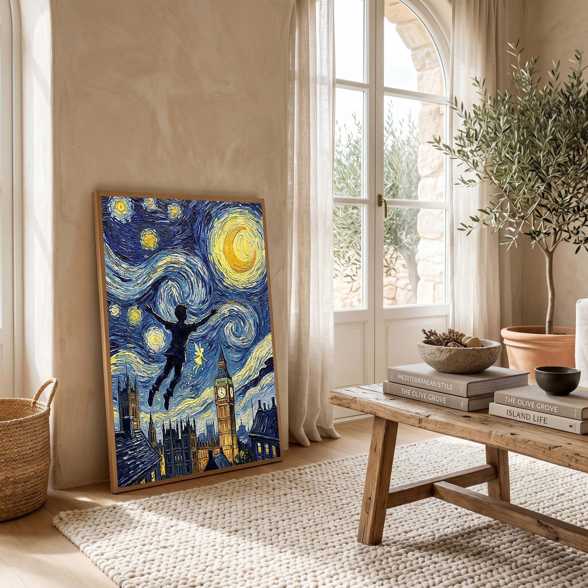 Peter Pan London Starry Night Print — Big Ben Van Gogh-Style Nursery Wall Art