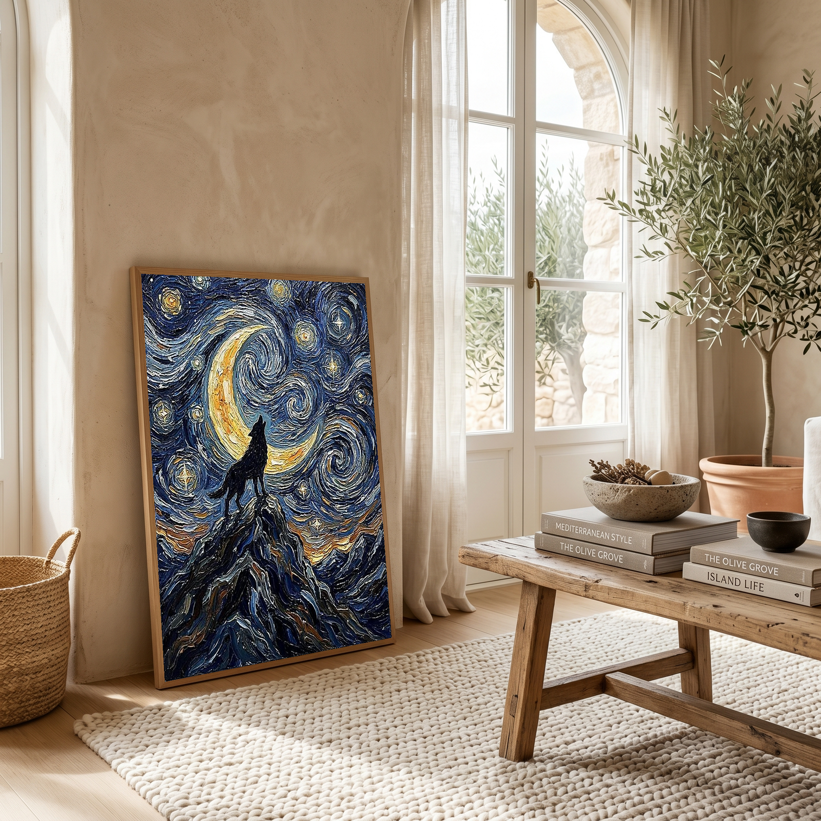 Black Wolf Howling Crescent Moon Print — Van Gogh-Style Mountain Wall Art