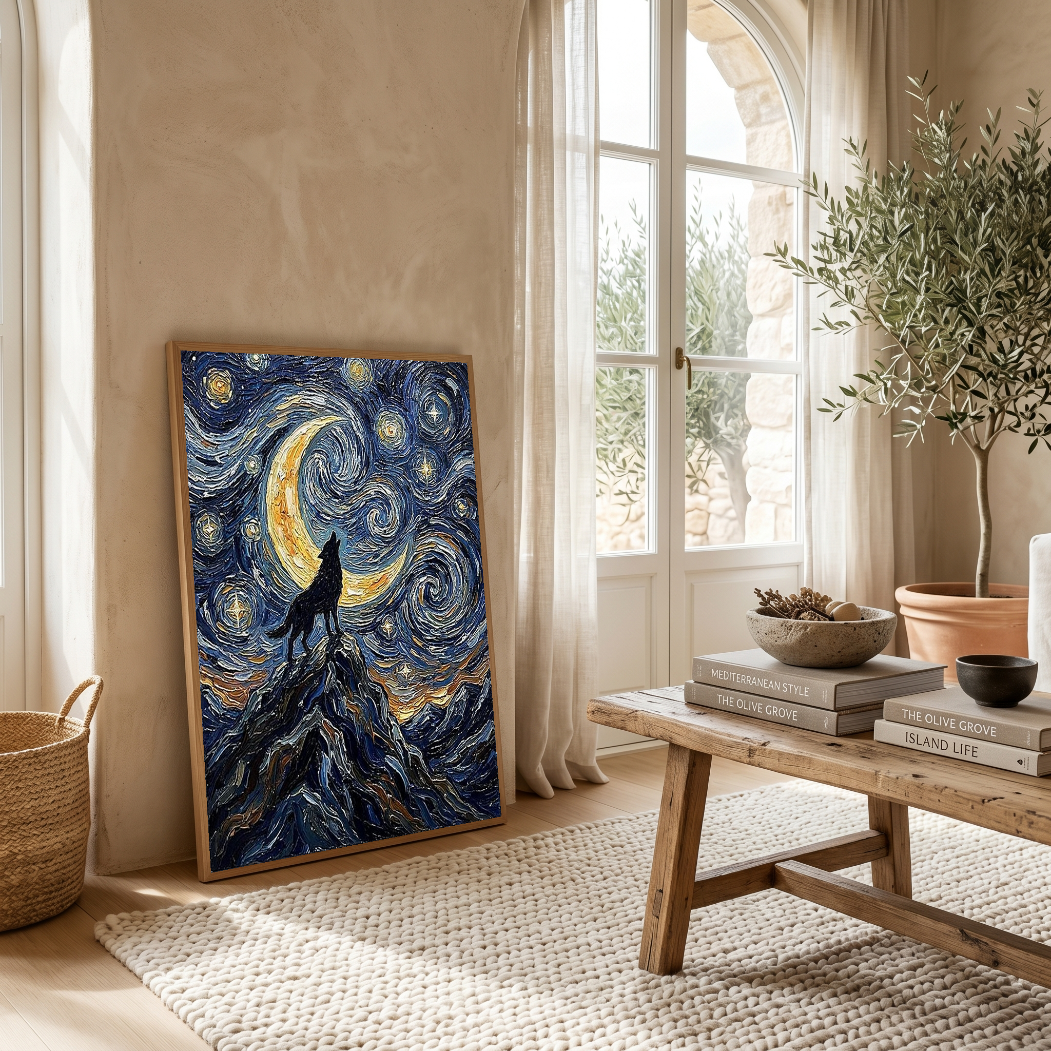 Black Wolf Howling Crescent Moon Print — Van Gogh-Style Mountain Wall Art
