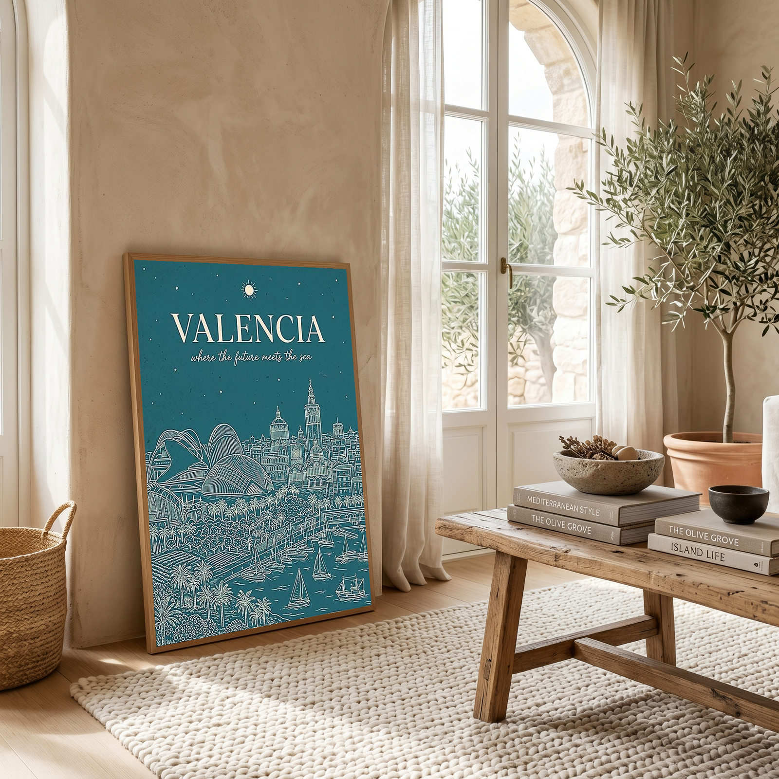 Valencia Line Art Print — Teal City of Arts Sciences Mediterranean Skyline Wall Art