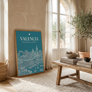 Valencia Line Art Print — Teal City of Arts Sciences Mediterranean Skyline Wall Art