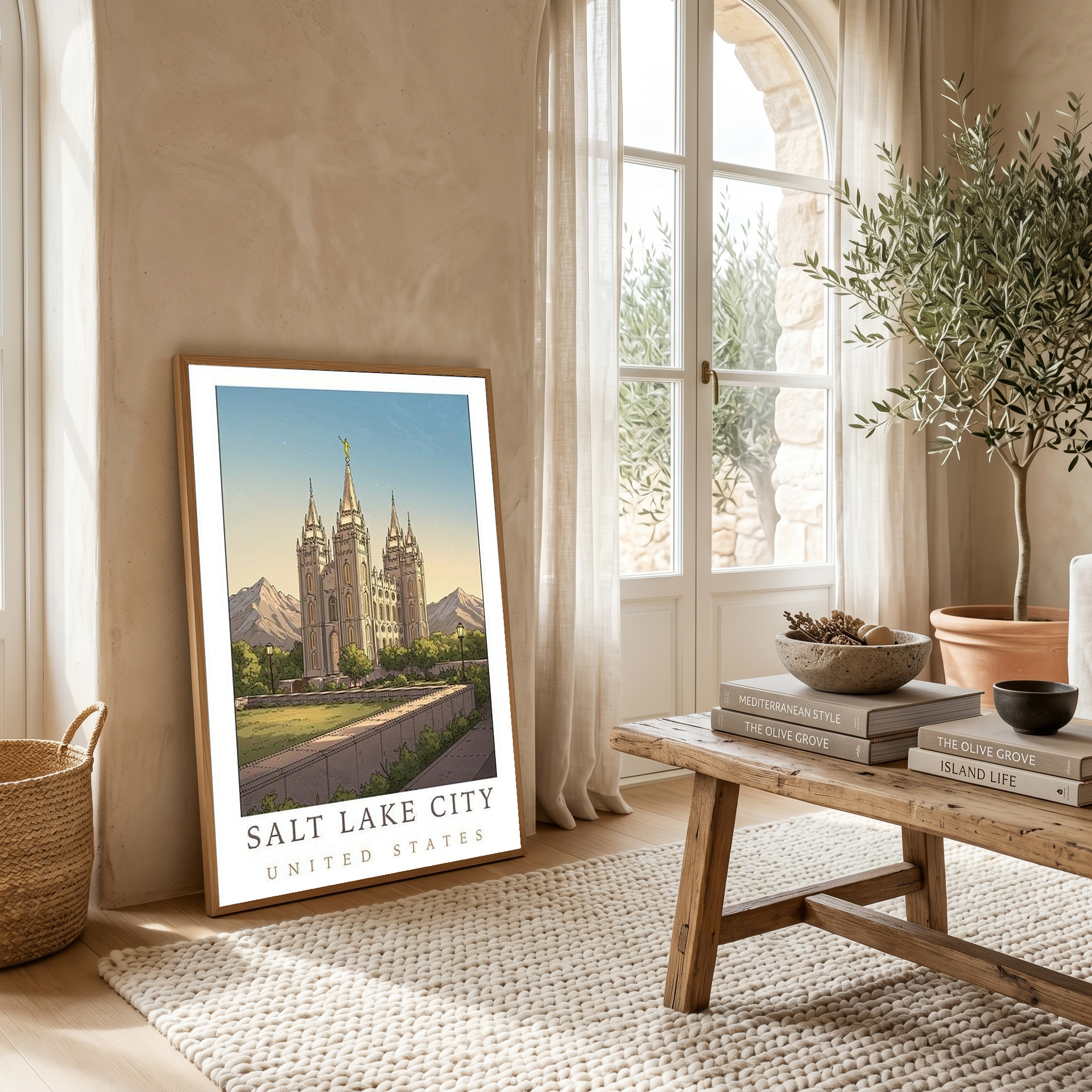 Salt Lake City Utah Travel Poster — Temple Square Wasatch Mountains Print