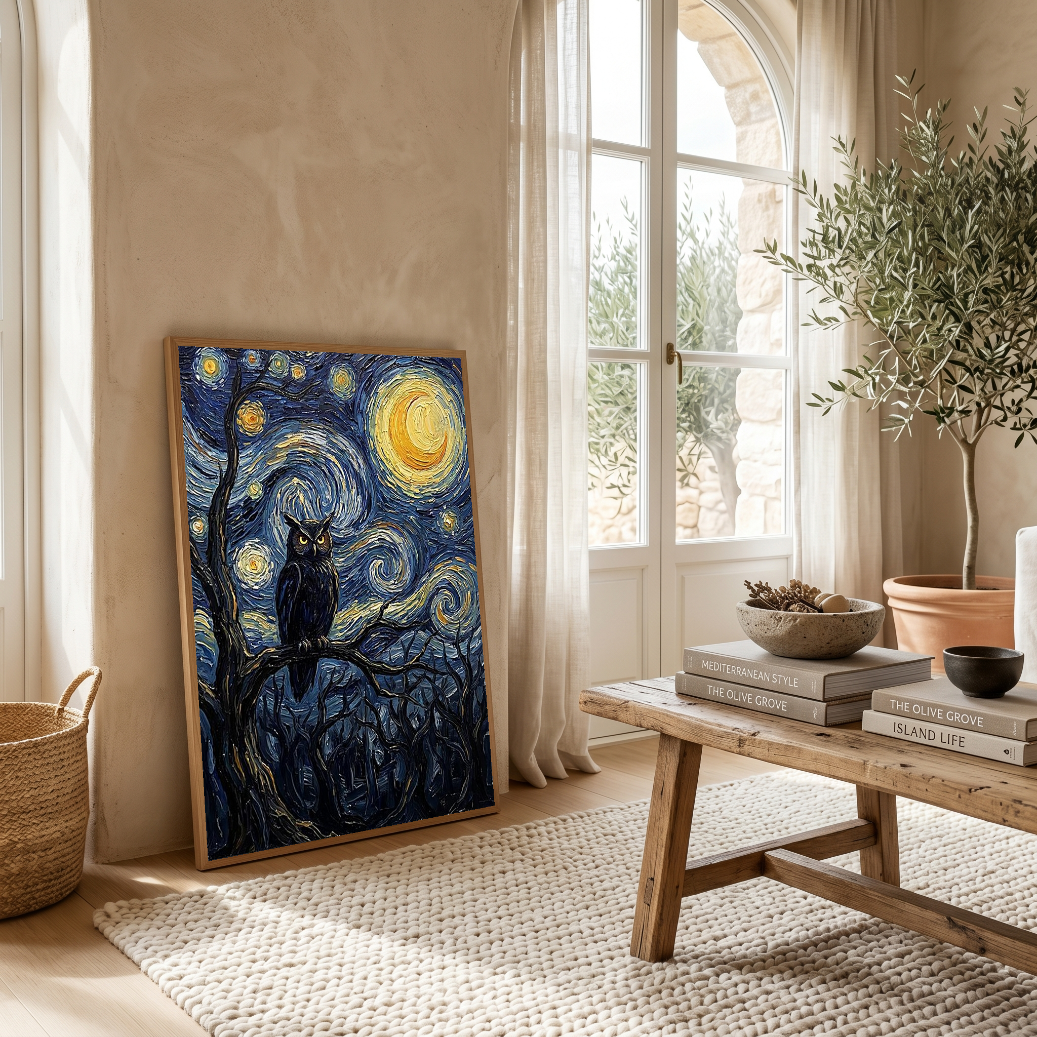 Wise Owl Starry Night Print — Van Gogh-Style Mystical Forest Wall Art