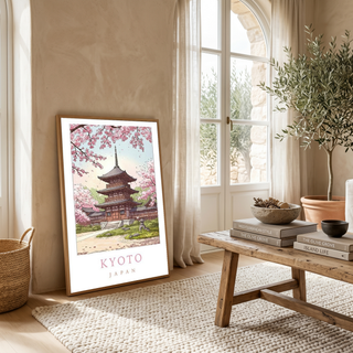 Kyoto Japan Travel Poster — Cherry Blossom Pagoda Temple Print