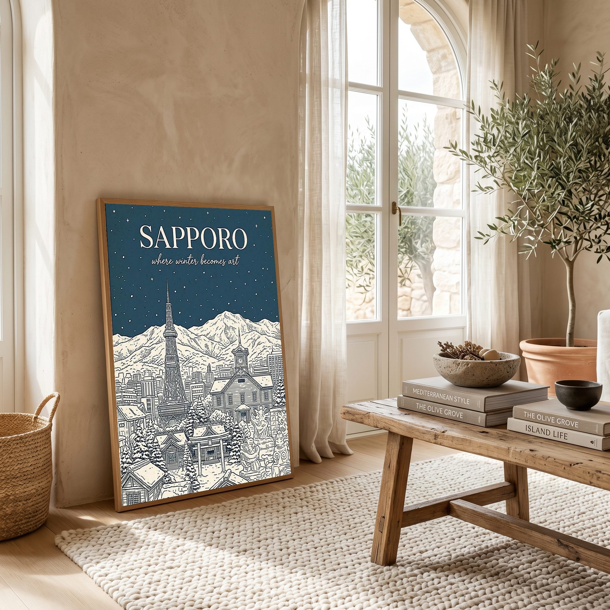 Sapporo Line Art Print — Steel Blue Snow Festival TV Tower Wall Art