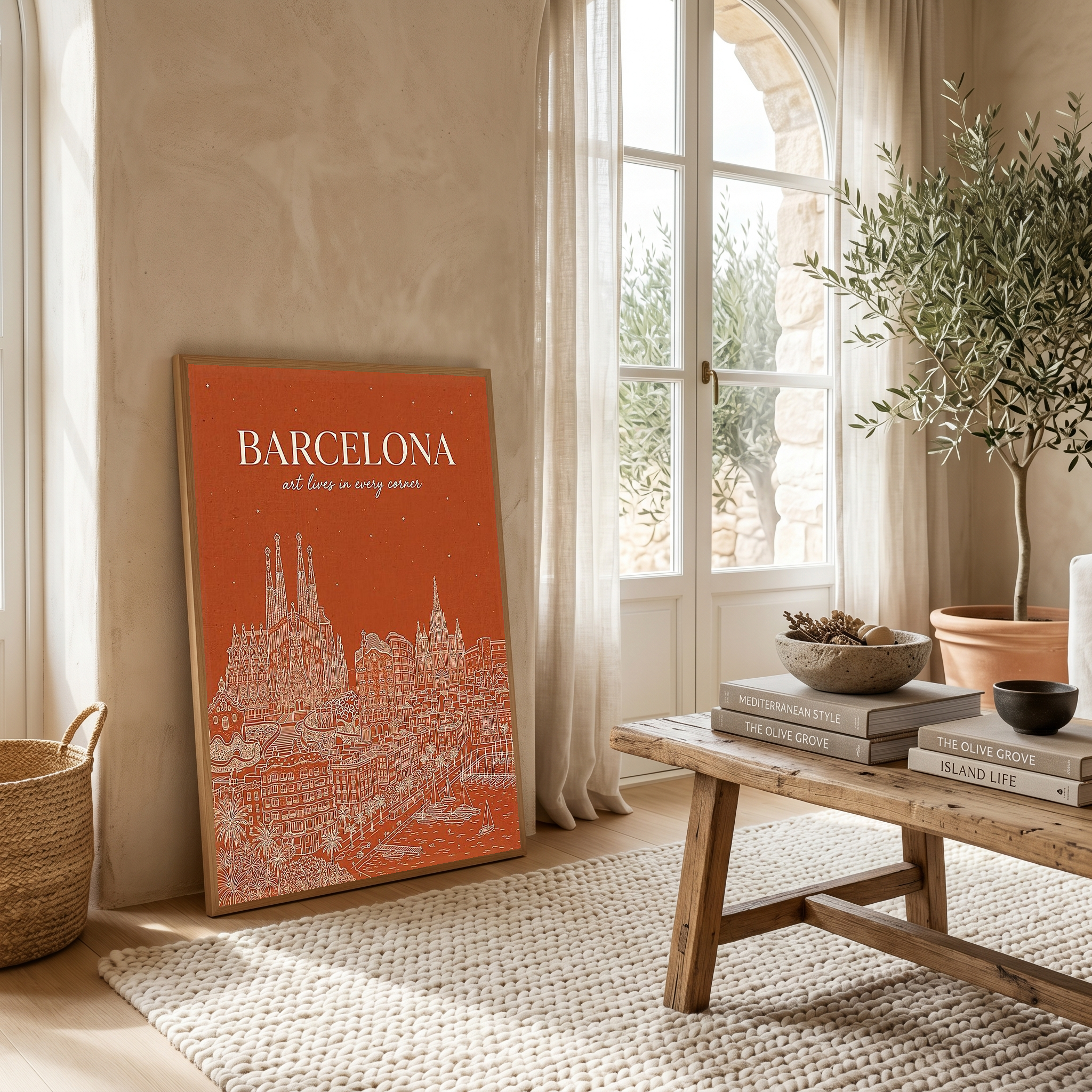 Barcelona Line Art Print — Burnt Orange Sagrada Familia Skyline Wall Art