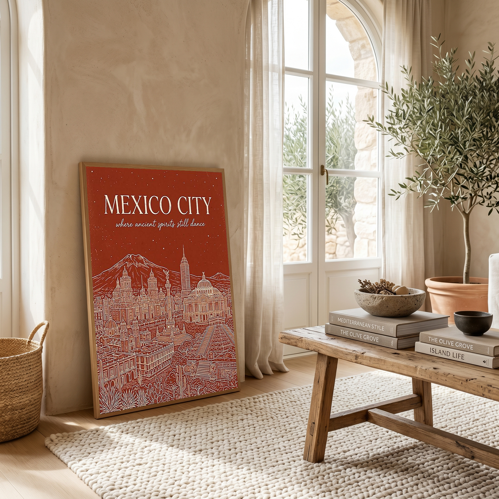 Mexico City Line Art Print — Rust Bellas Artes Templo Mayor Skyline Wall Art