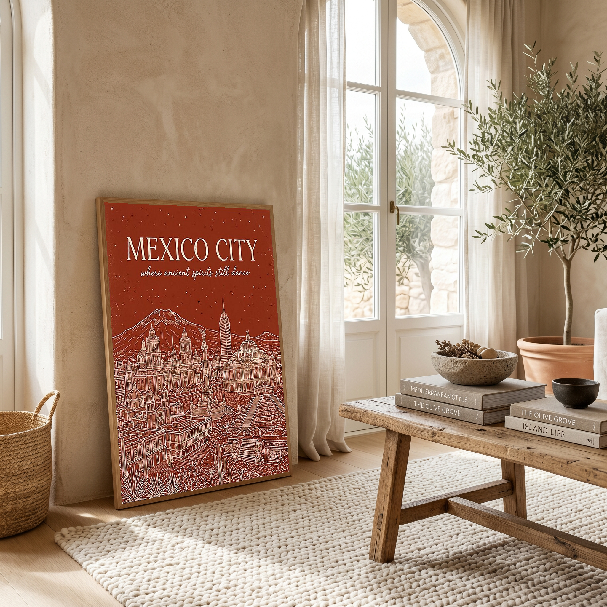 Mexico City Line Art Print — Rust Bellas Artes Templo Mayor Skyline Wall Art