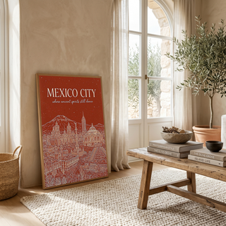 Mexico City Line Art Print — Rust Bellas Artes Templo Mayor Skyline Wall Art