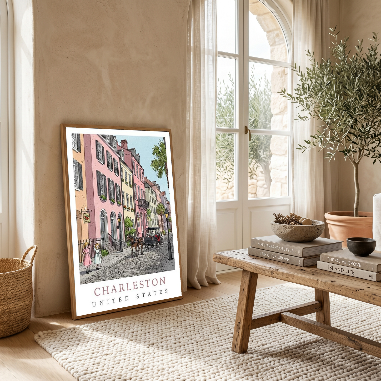 Charleston SC Travel Poster — Rainbow Row Carriage Ride Pastel Print