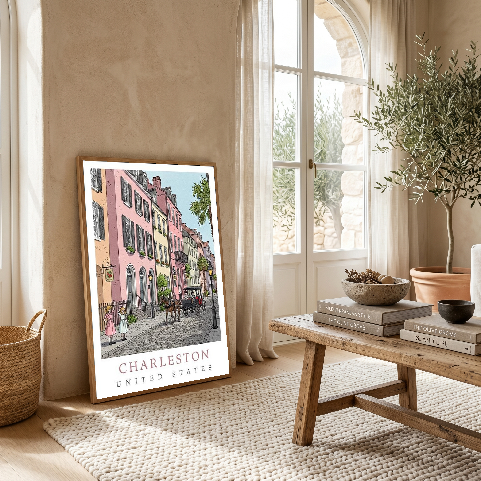 Charleston SC Travel Poster — Rainbow Row Carriage Ride Pastel Print