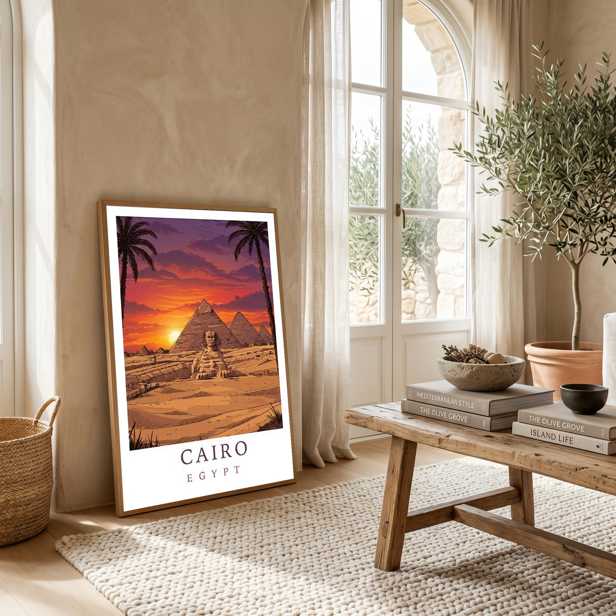 Cairo Egypt Travel Poster — Pyramids Sphinx Sunset Wall Art Print