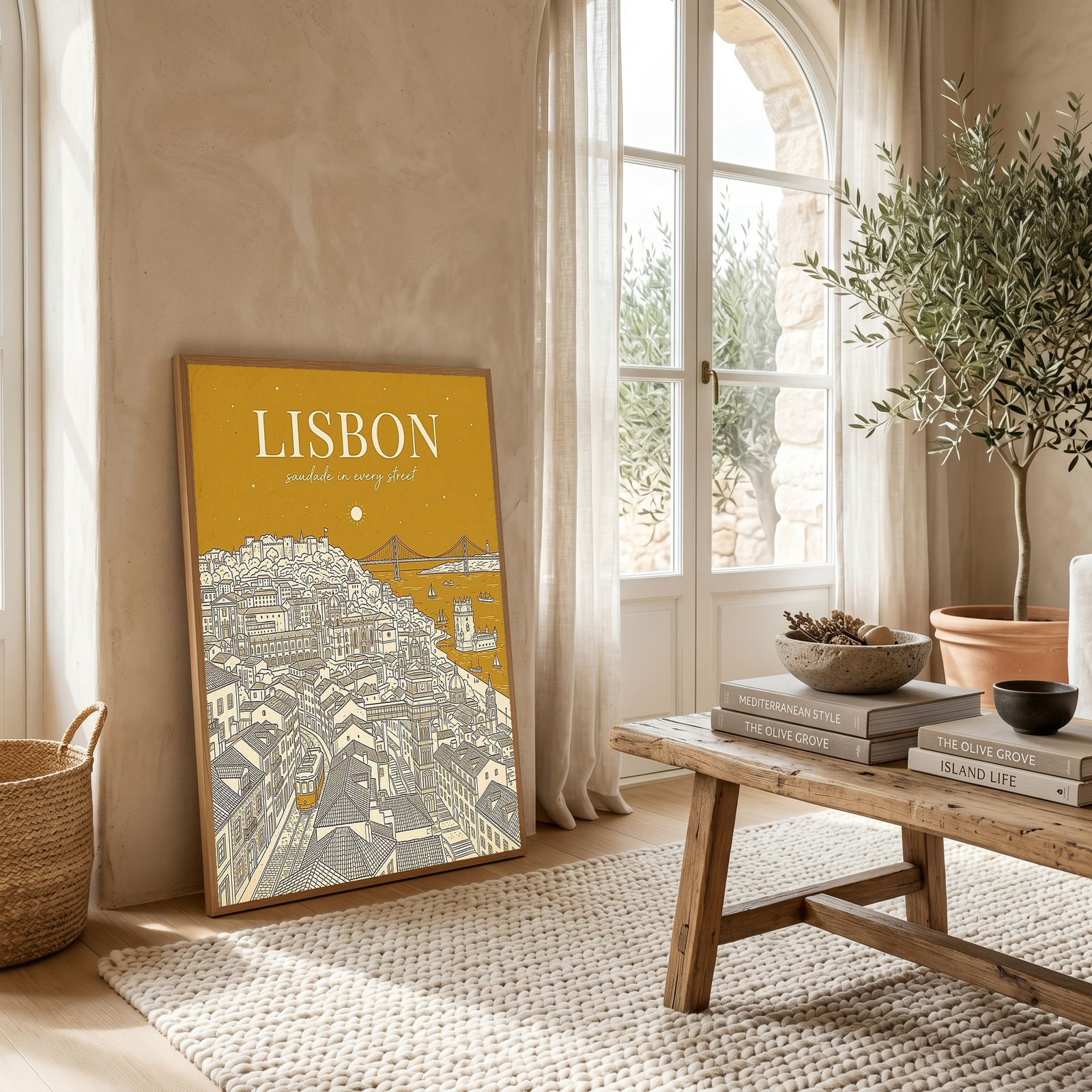 Lisbon Line Art Print — Mustard Yellow Tram Belém Tower Skyline Wall Art