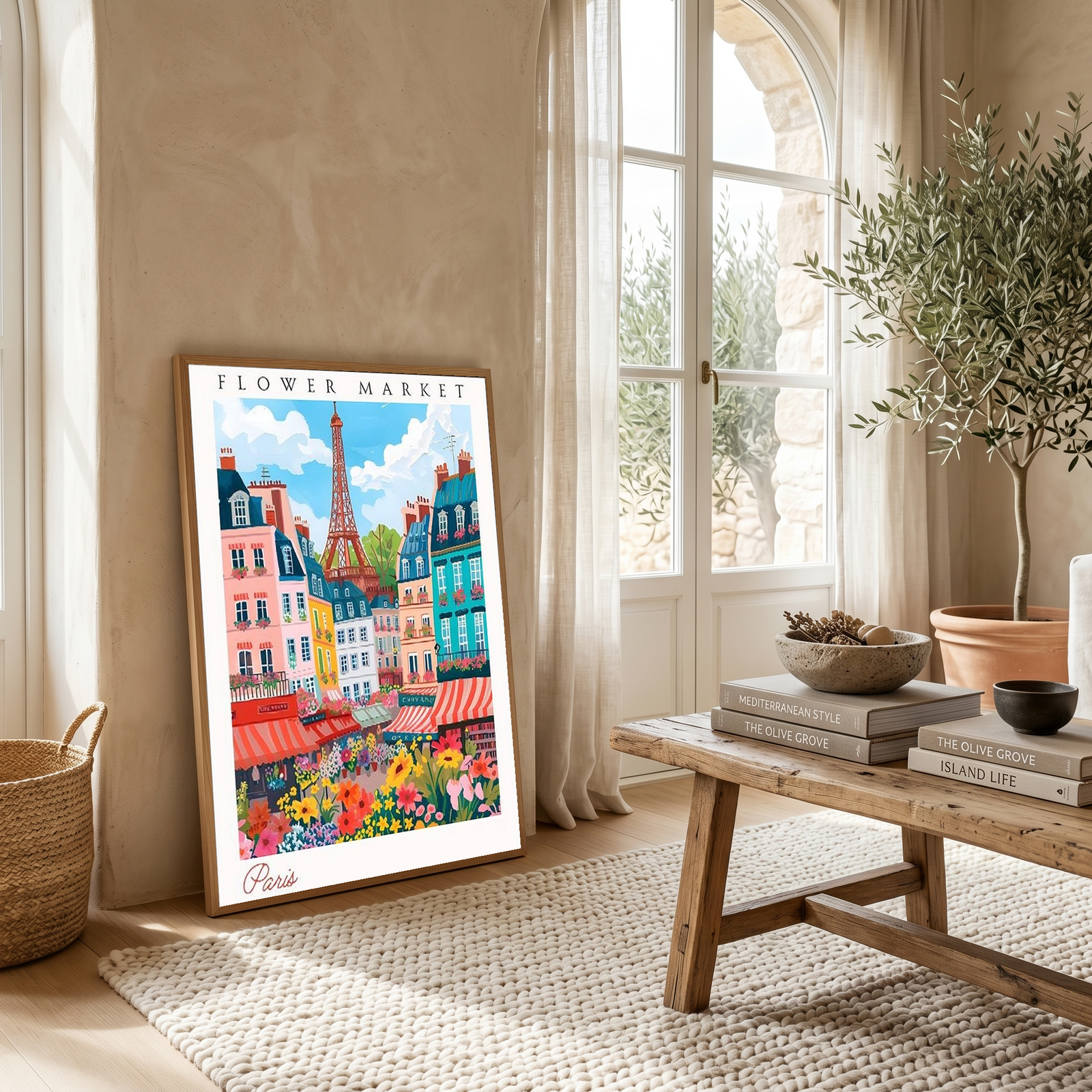 Paris Flower Market Print — Eiffel Tower Cityscape French Botanical Art