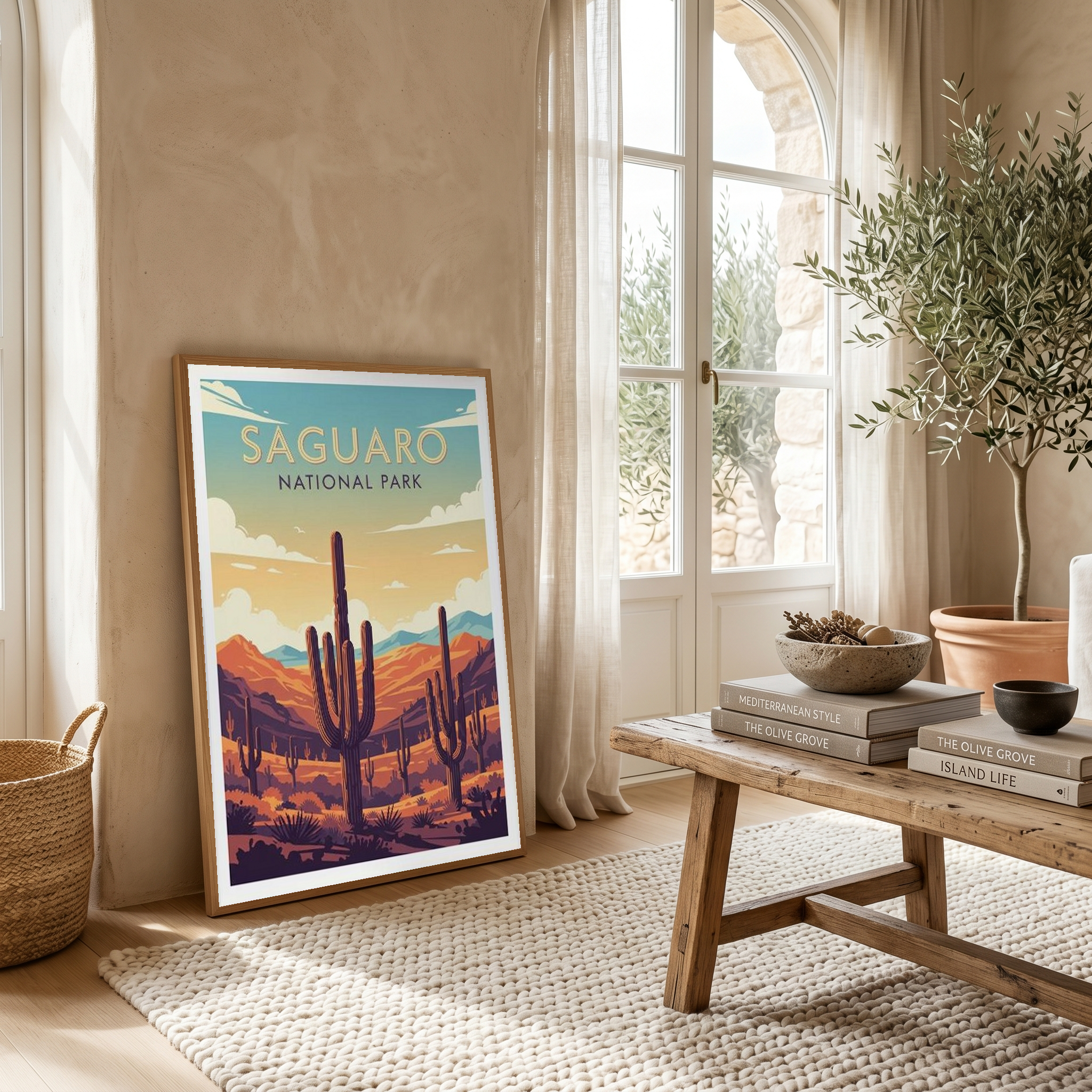 Saguaro National Park Poster — Vintage Arizona Cactus Desert Sunset Print