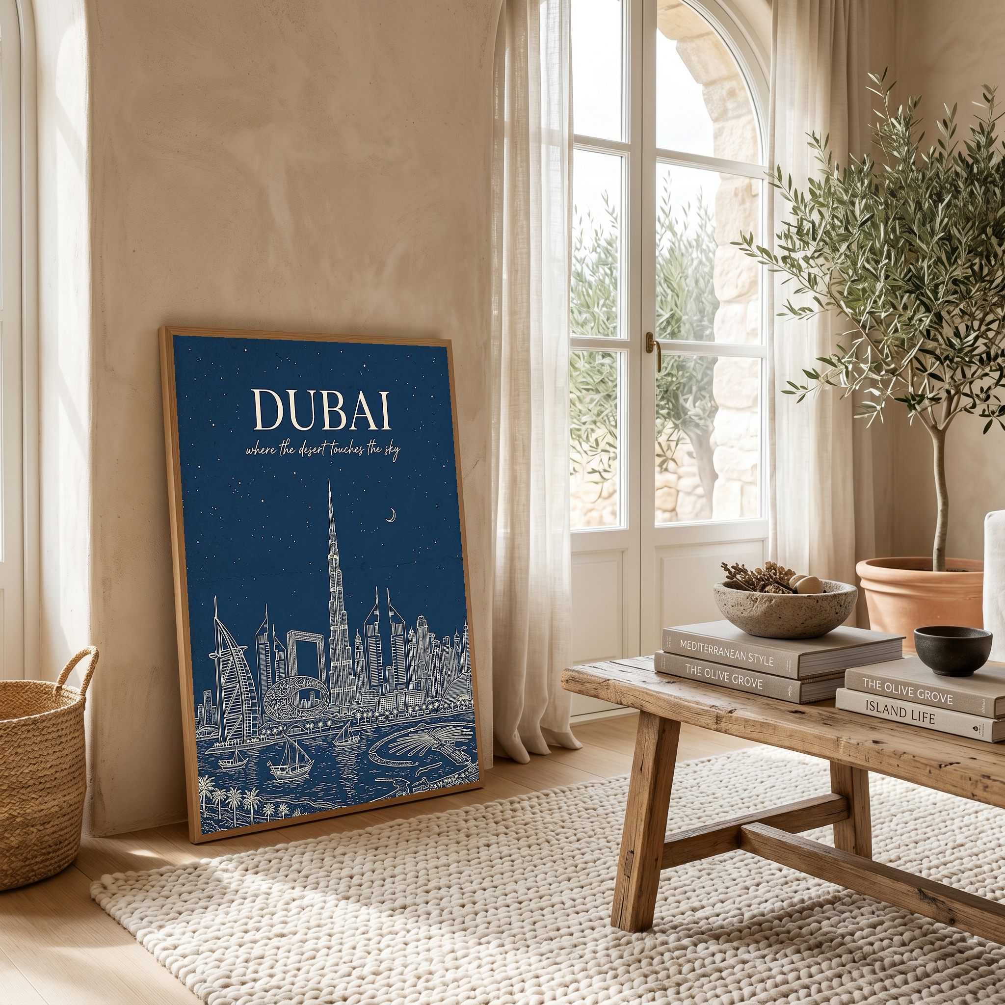 Dubai Line Art Print — Navy Burj Khalifa Skyline Wall Art