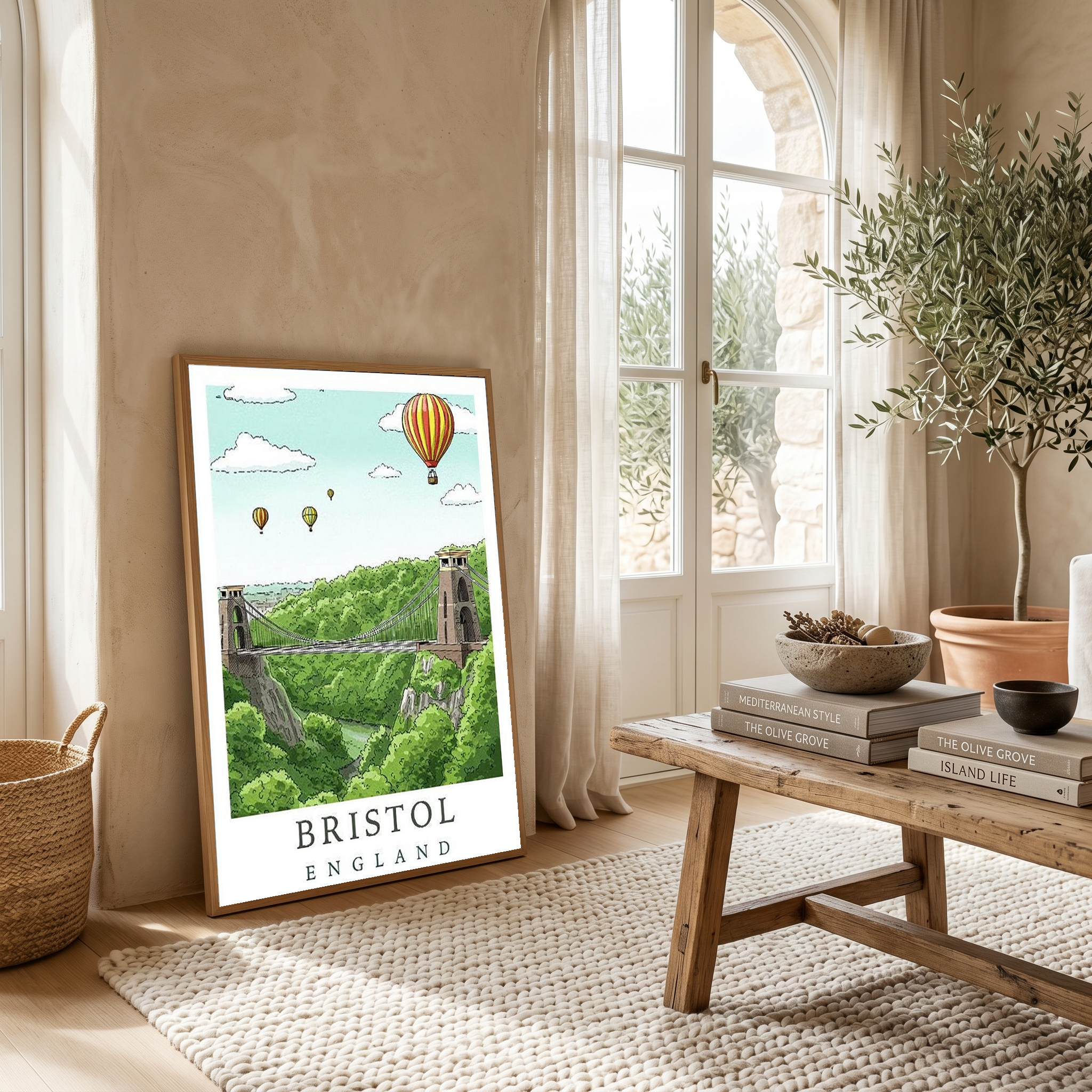 Bristol England Travel Poster — Clifton Bridge Hot Air Balloon Print