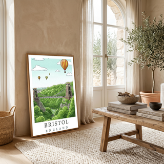 Bristol England Travel Poster — Clifton Bridge Hot Air Balloon Print