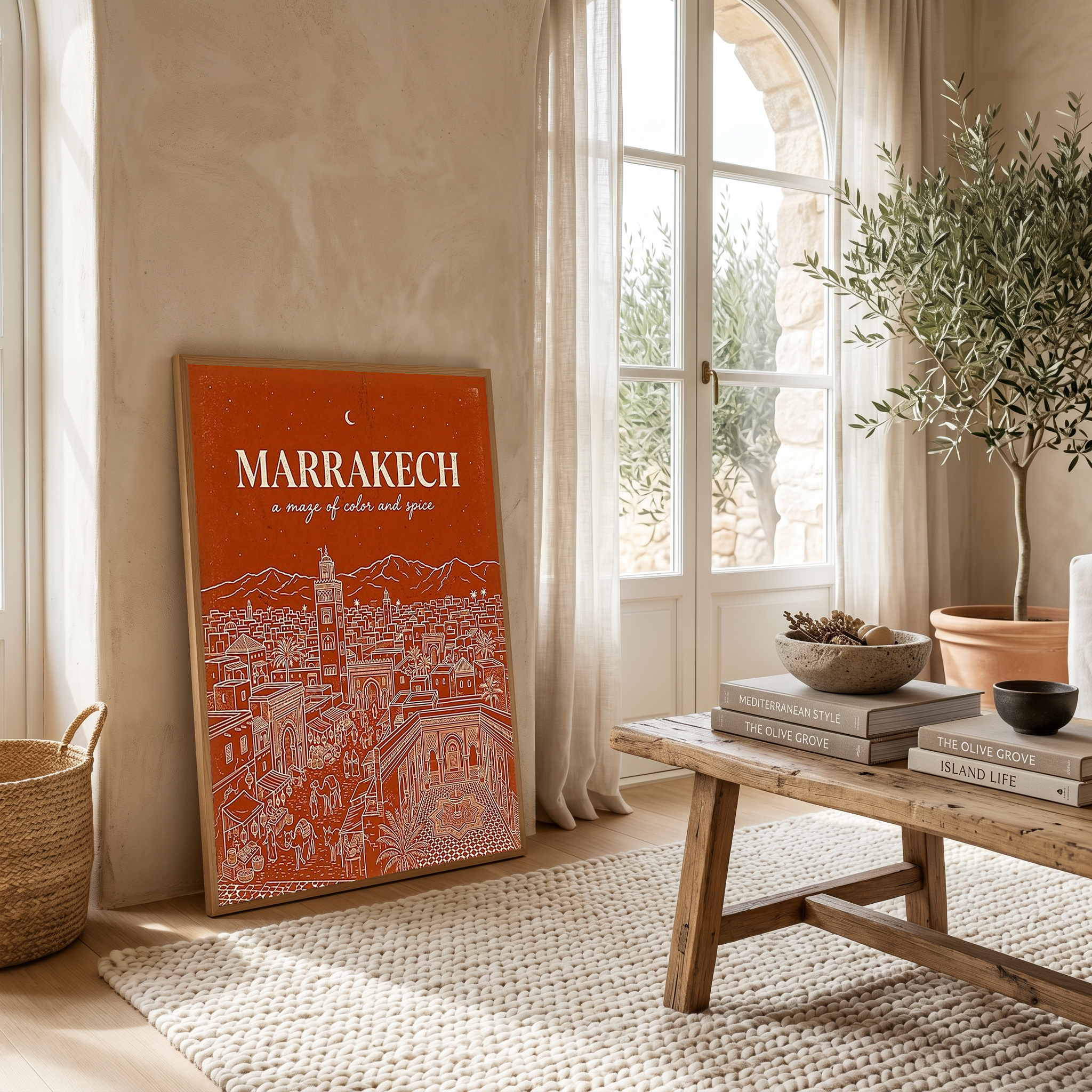 Marrakech Line Art Print — Terracotta Koutoubia Medina Skyline Wall Art
