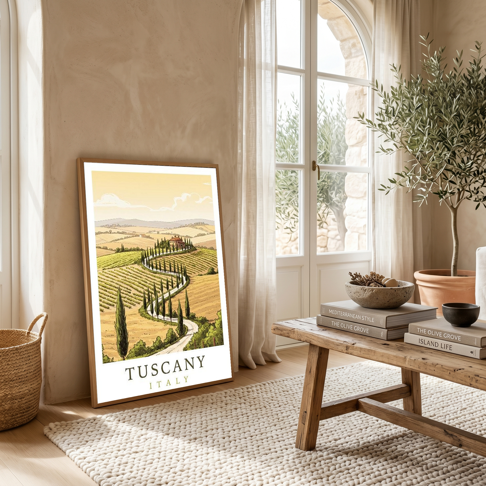 Tuscany Italy Travel Poster — Rolling Hills Cypress Vineyards Print