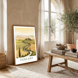 Tuscany Italy Travel Poster — Rolling Hills Cypress Vineyards Print