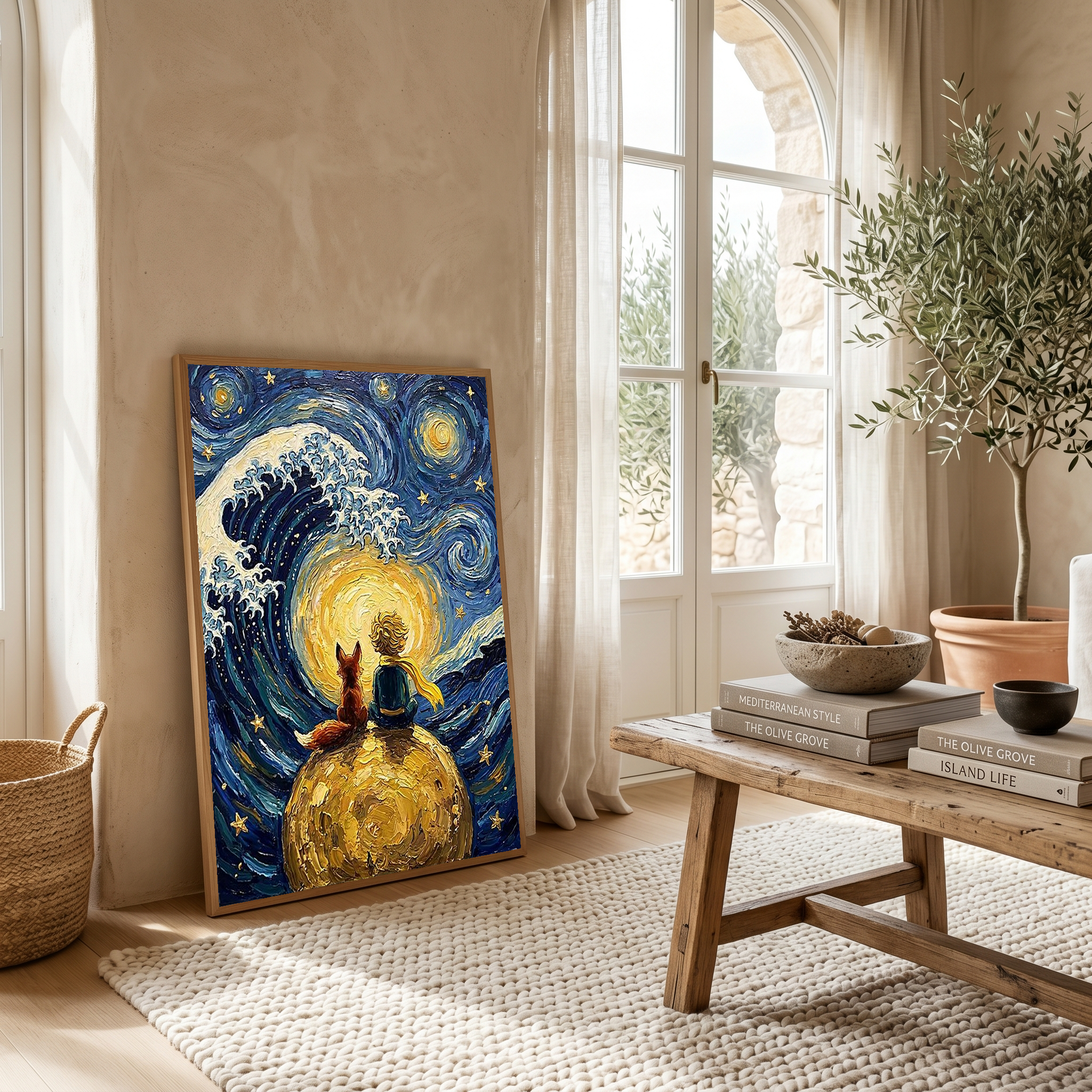 Little Prince Fox &amp; Planet Print — Van Gogh-Style Nursery Wall Art