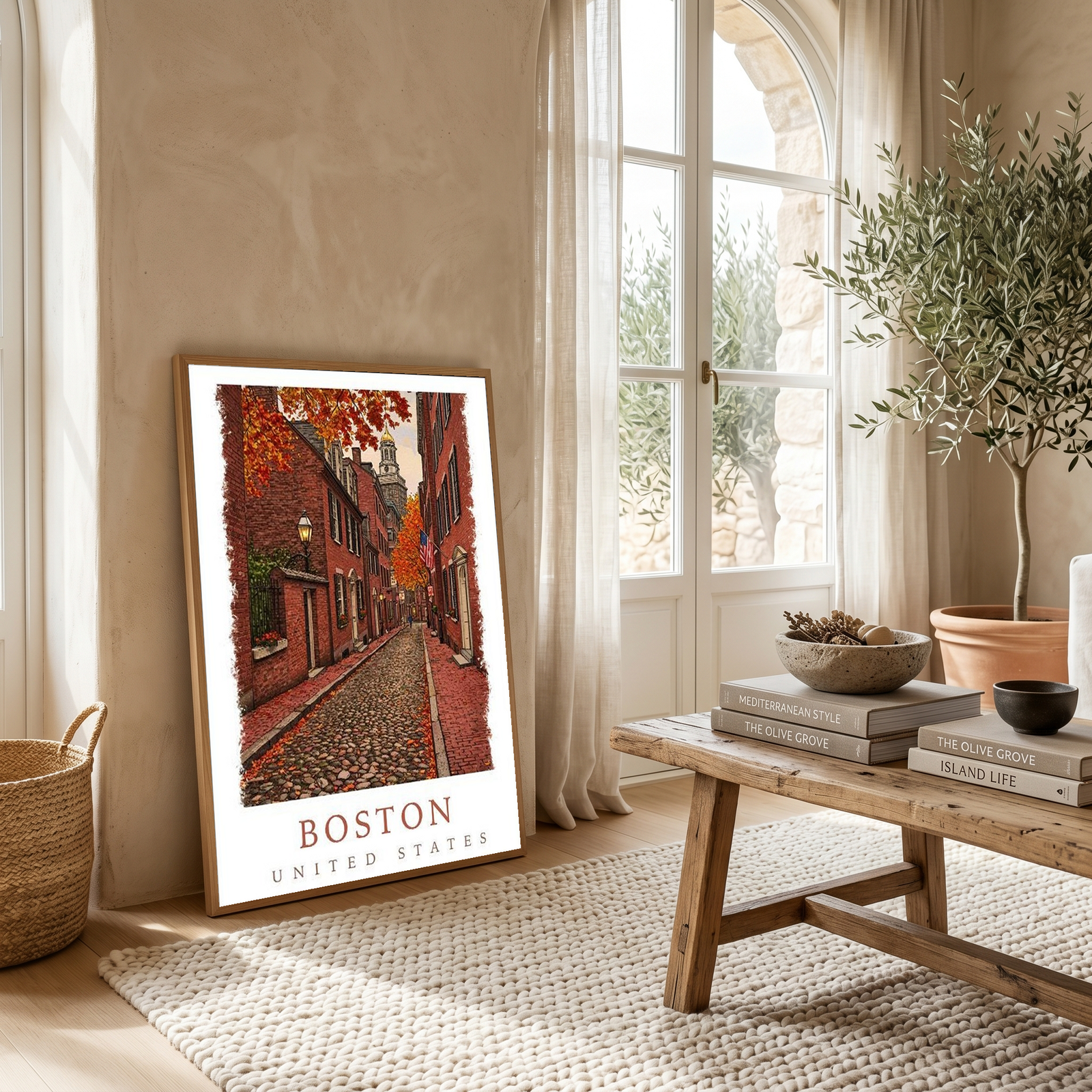Boston USA Travel Poster — Acorn Street Beacon Hill Fall Foliage Print