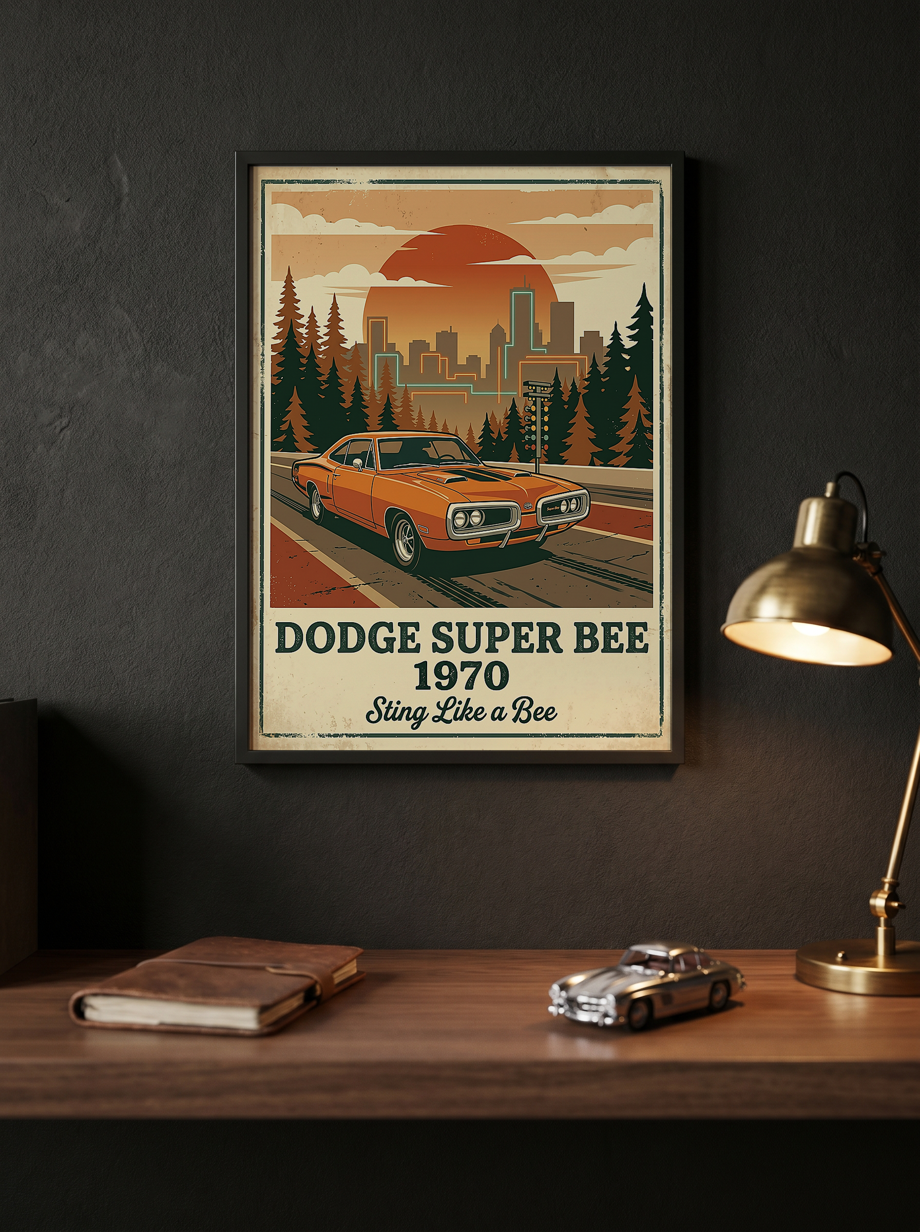 Dodge Super Bee 1970 Poster — Vintage Muscle Car City Skyline Print