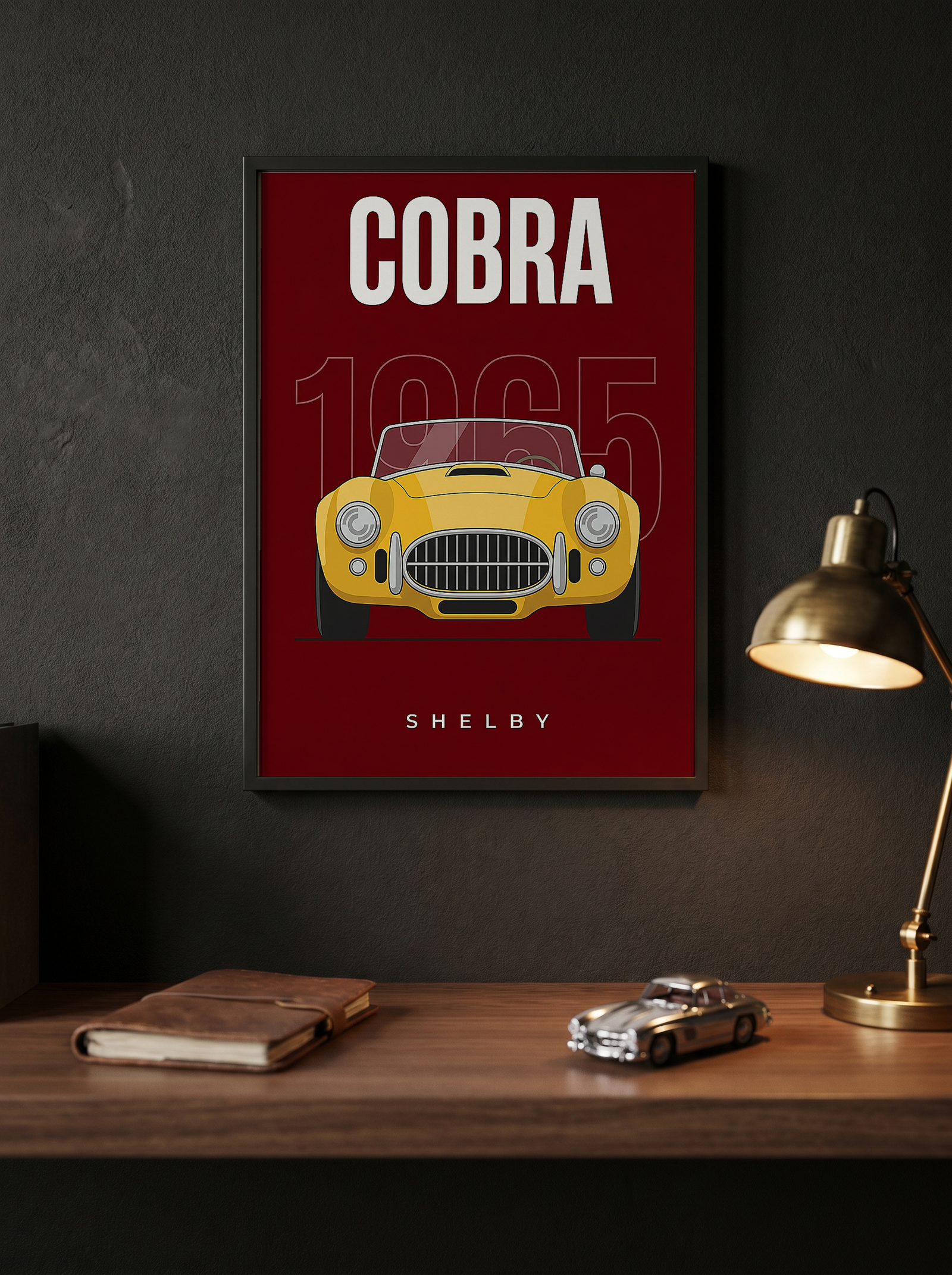 Shelby Cobra 1965 Minimalist Poster — Burgundy Roadster Line Art