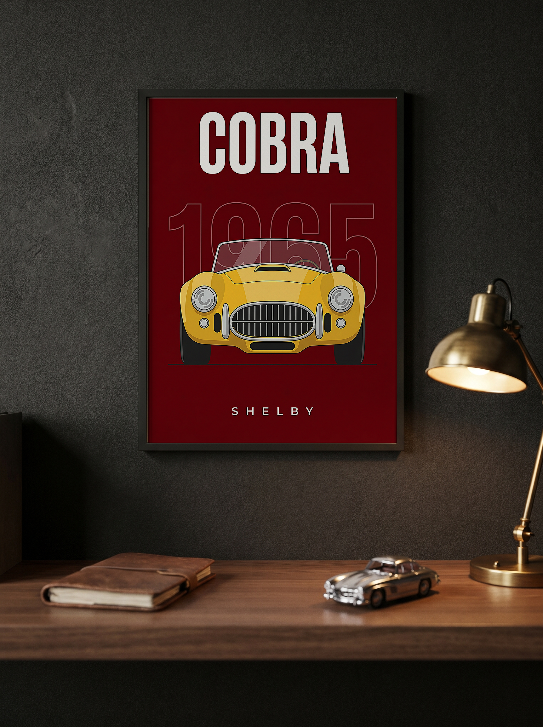 Shelby Cobra 1965 Minimalist Poster — Burgundy Roadster Line Art