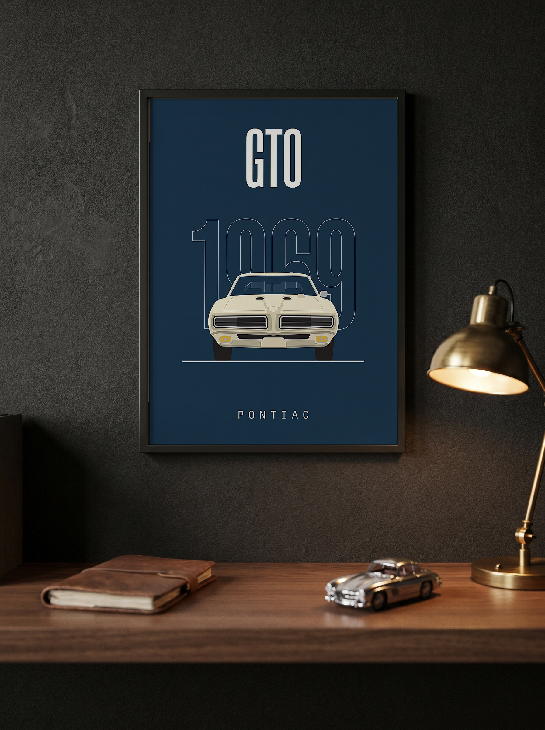 Pontiac GTO 1969 Minimalist Poster — Navy Muscle Car Line Art