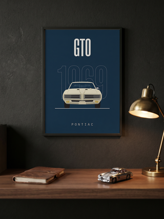 Pontiac GTO 1969 Minimalist Poster — Navy Muscle Car Line Art
