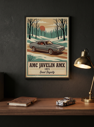 AMC Javelin AMX 1971 V2 Poster — Vintage Muscle Winter Snow Birch Forest Print