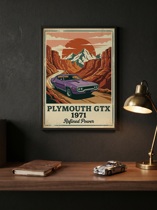 Plymouth GTX 1971 Poster — Vintage Muscle Car Red Rock Canyon Print