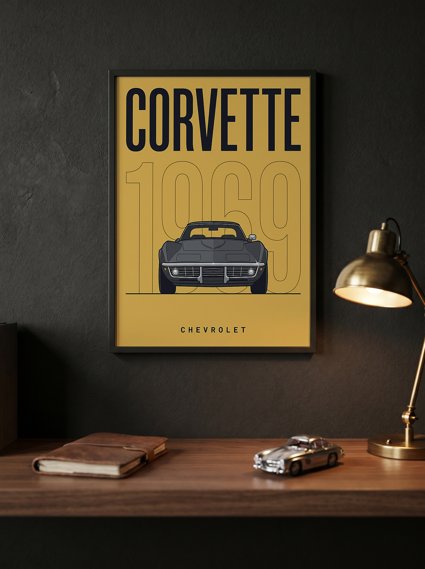 Chevrolet Corvette 1969 V2 Yellow Minimalist Poster — Muscle Car Line Art