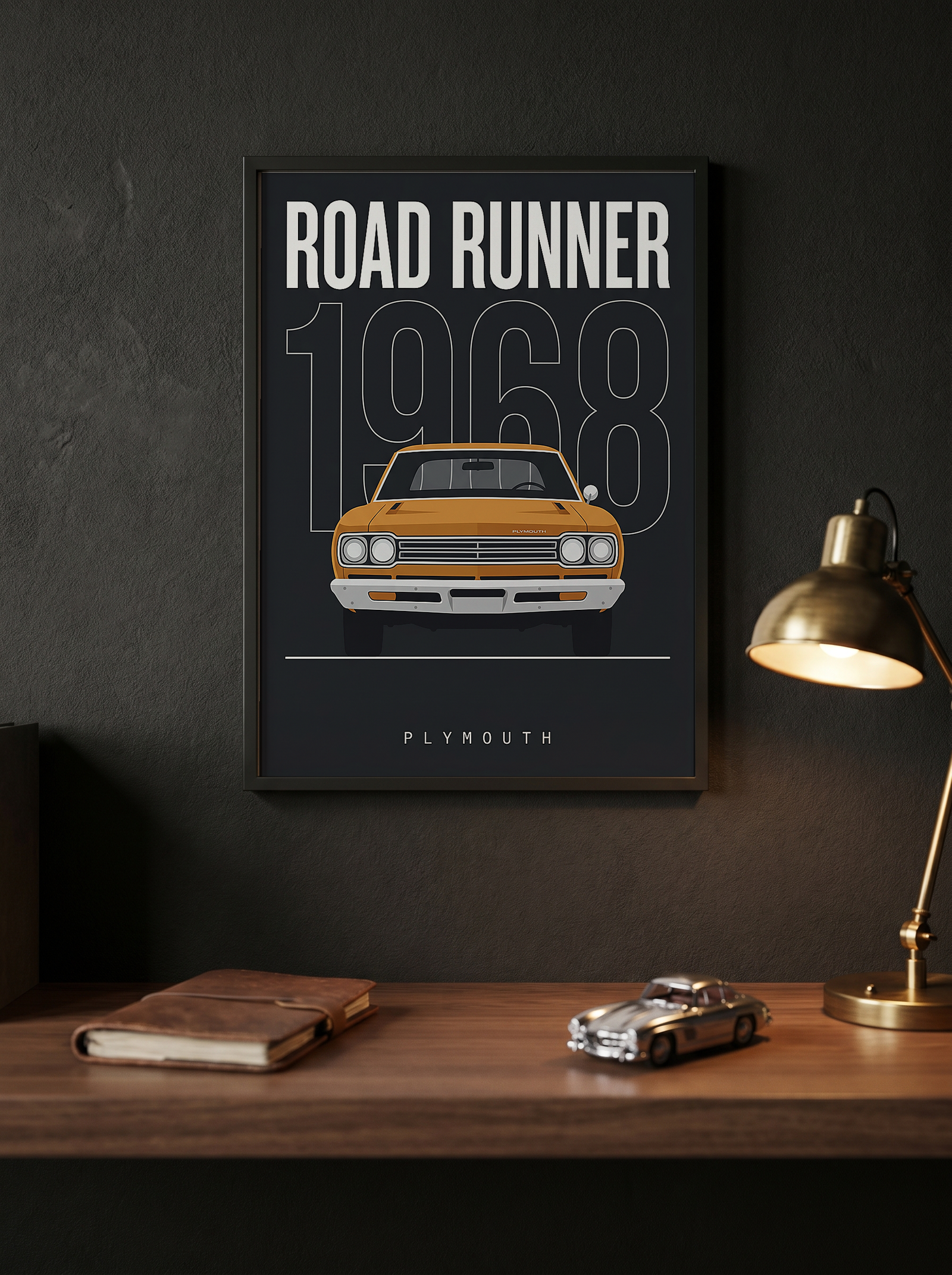 Plymouth Road Runner 1968 Minimalist Poster — Charcoal Muscle Car Line Art