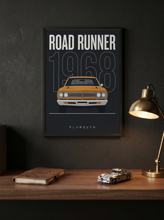 Plymouth Road Runner 1968 Minimalist Poster — Charcoal Muscle Car Line Art