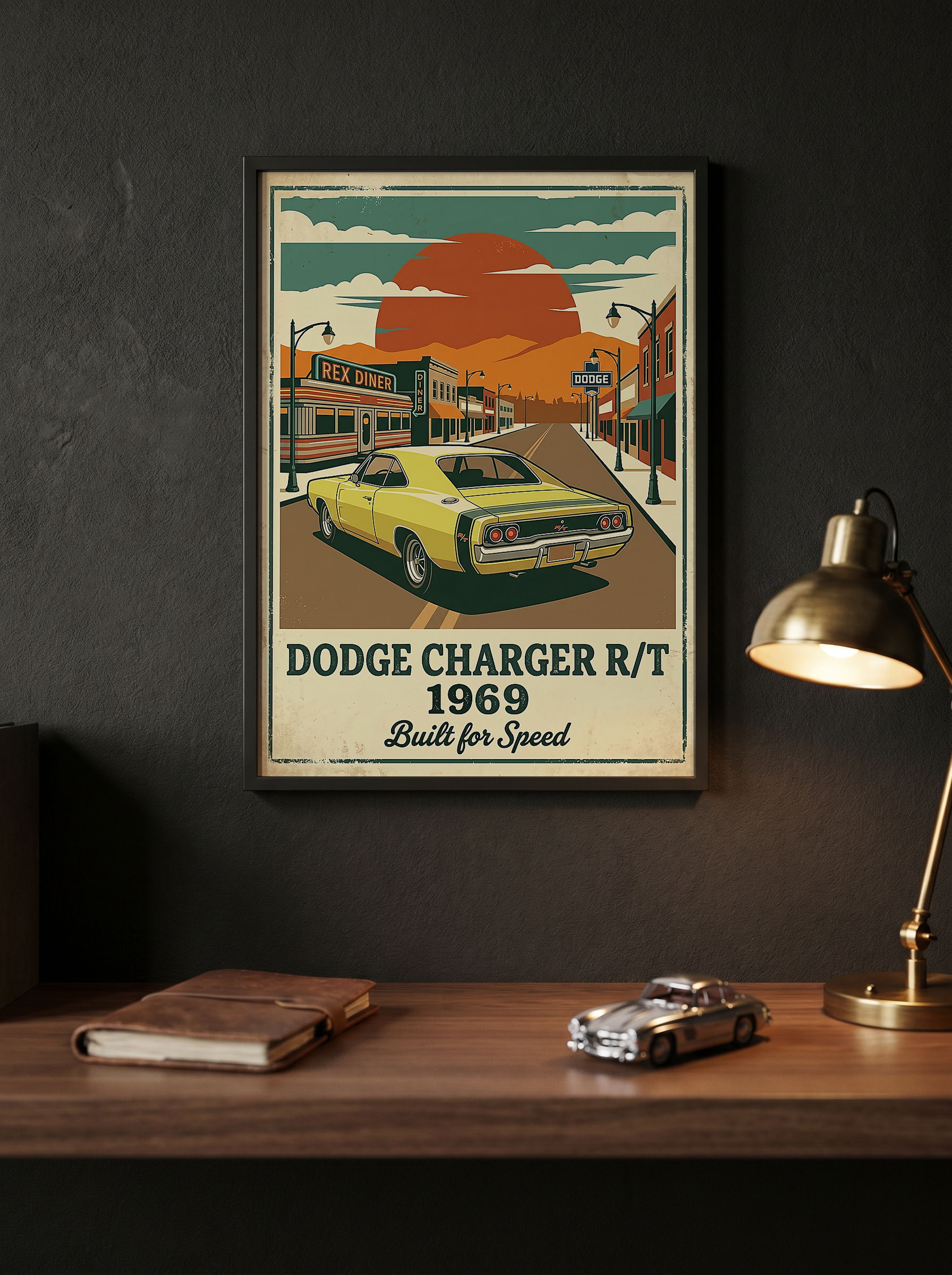 Dodge Charger R/T 1969 Yellow Edition — Vintage Muscle Diner Main Street Print