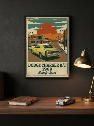 Dodge Charger R/T 1969 Yellow Edition — Vintage Muscle Diner Main Street Print