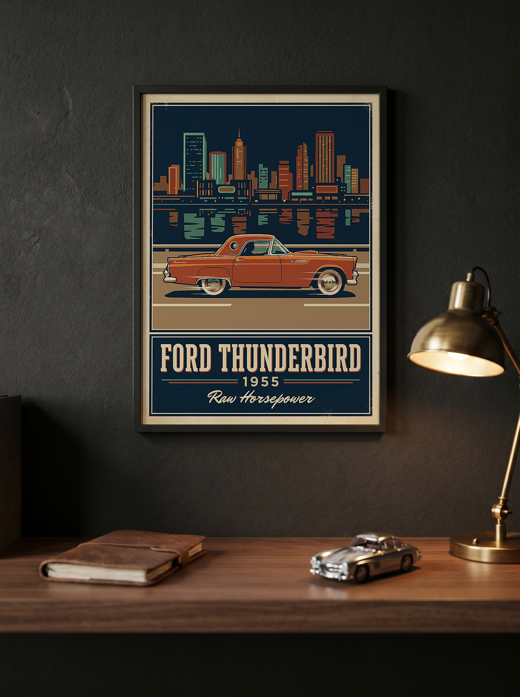 Ford Thunderbird 1955 Poster — Vintage Two-Seater Convertible City Skyline Print