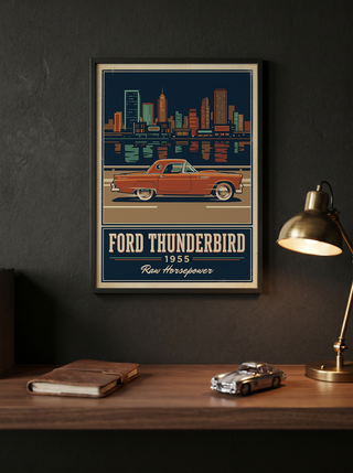Ford Thunderbird 1955 Poster — Vintage Two-Seater Convertible City Skyline Print
