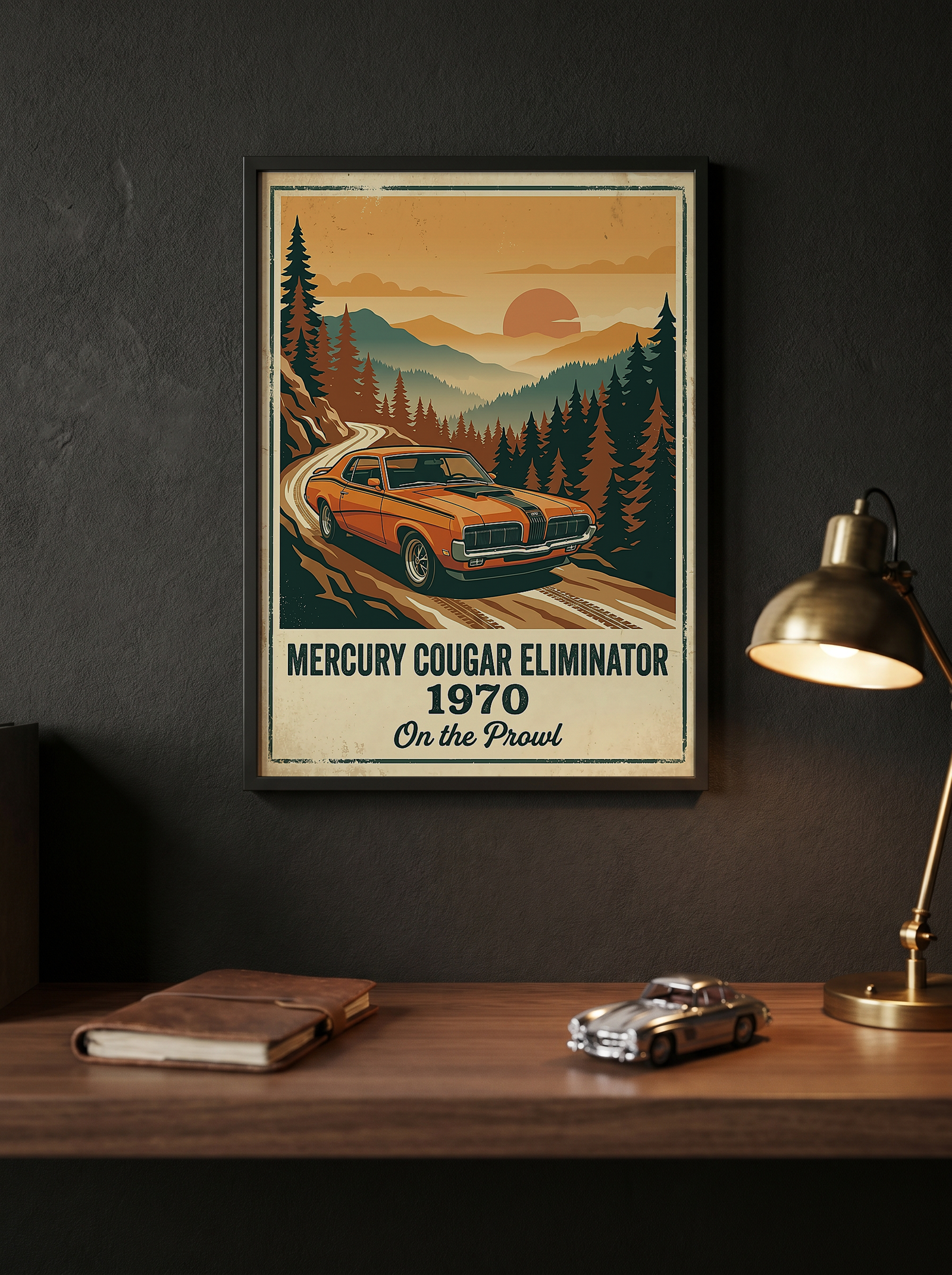 Mercury Cougar Eliminator 1970 V2 Poster — Vintage Muscle Car Pine Forest Sunset
