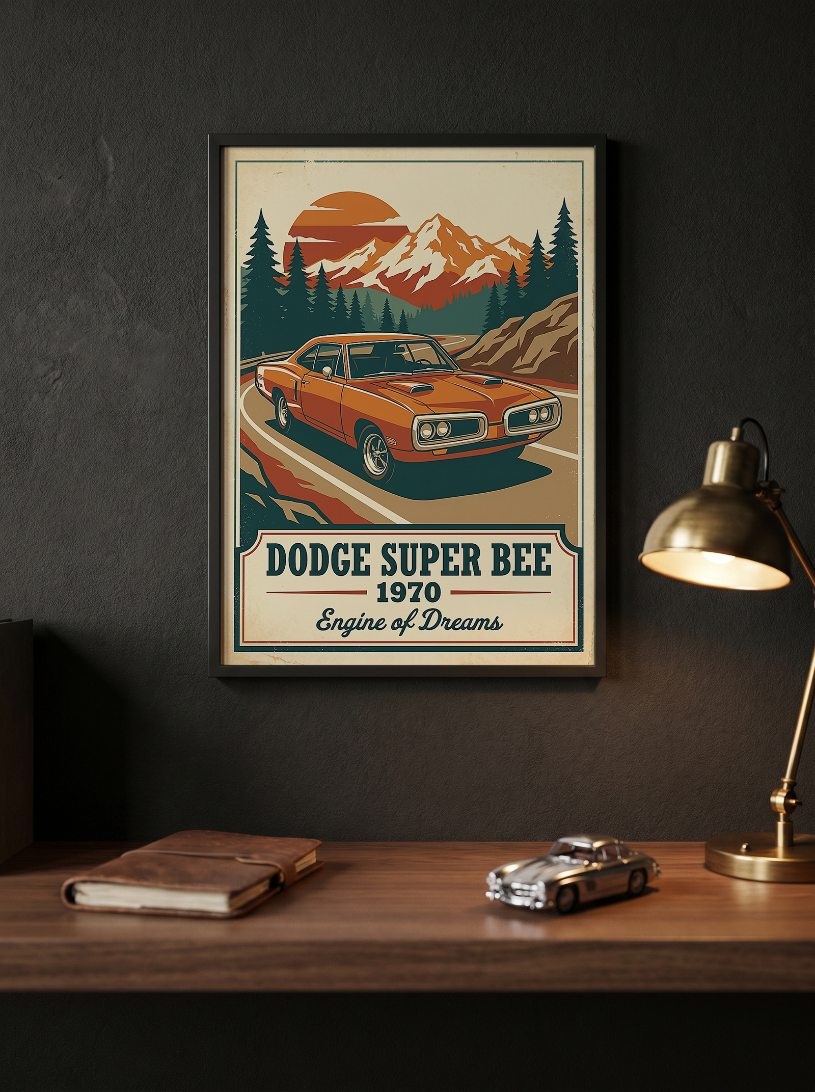 Dodge Super Bee 1970 V2 Poster — Vintage Muscle Mountain Pine Sunset Print