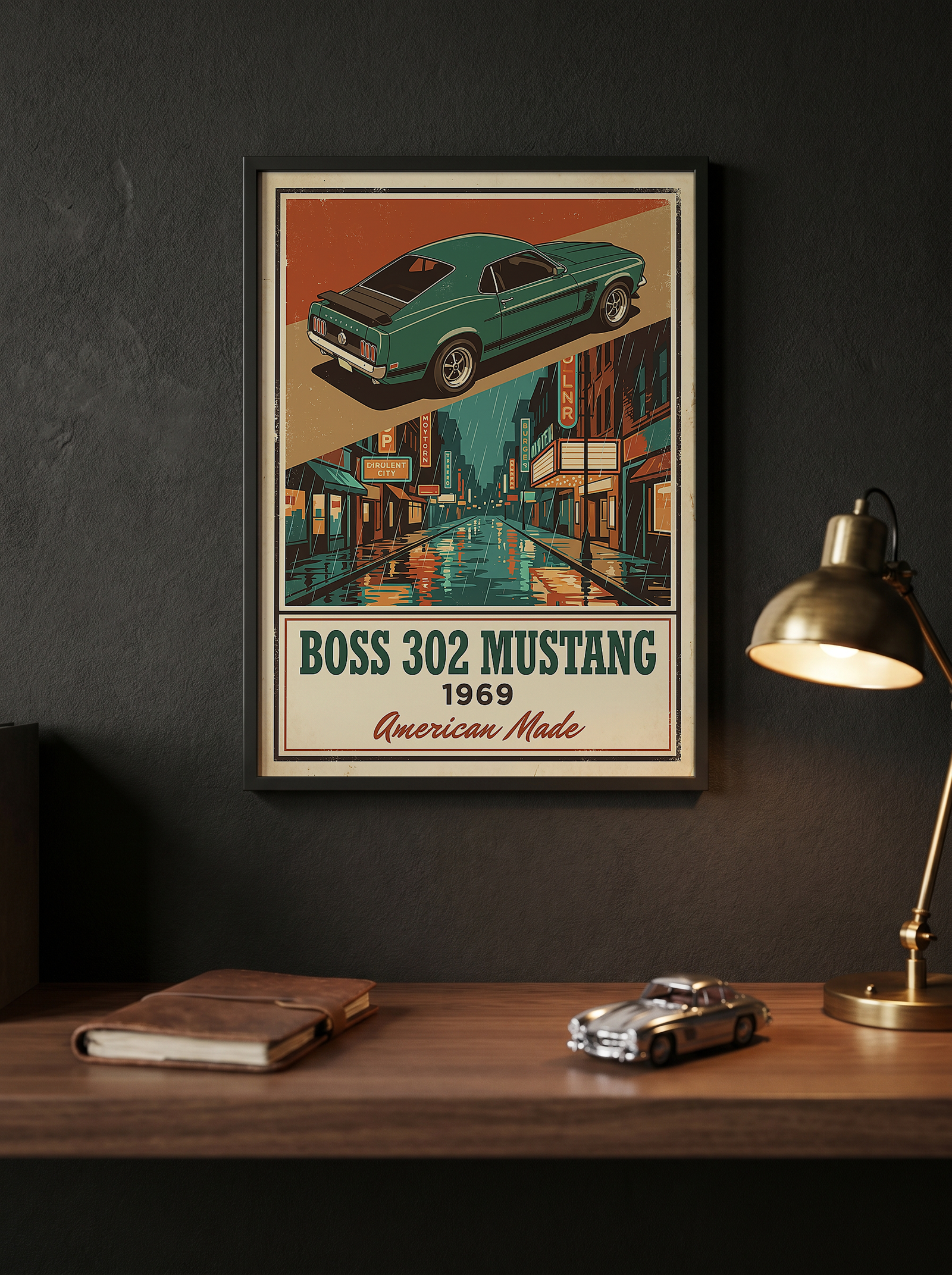 Boss 302 Mustang 1969 V2 Poster — Vintage Muscle Rainy Cinema Street Print