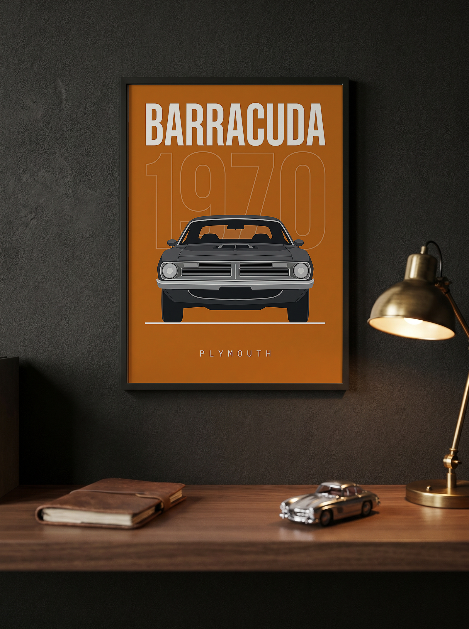 Plymouth Barracuda 1970 Minimalist Poster — Orange Muscle Car Line Art