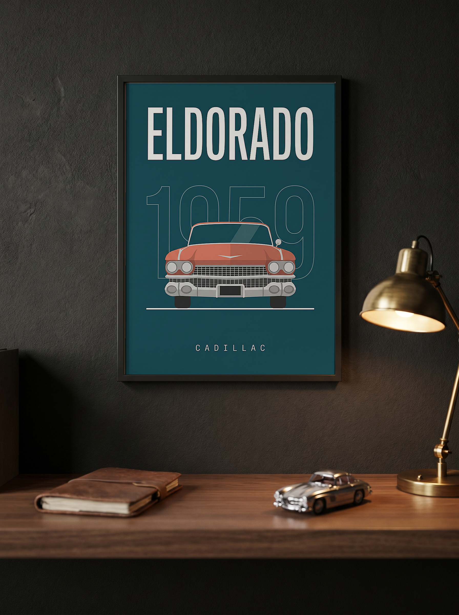 Cadillac Eldorado 1959 Minimalist Poster — Teal Tail-Fin Classic Line Art